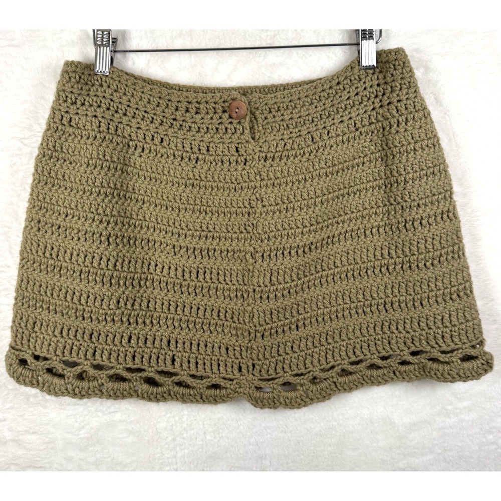 Hand-knit Green Mini Skirt Women's Medium Boho Hippie Crochet